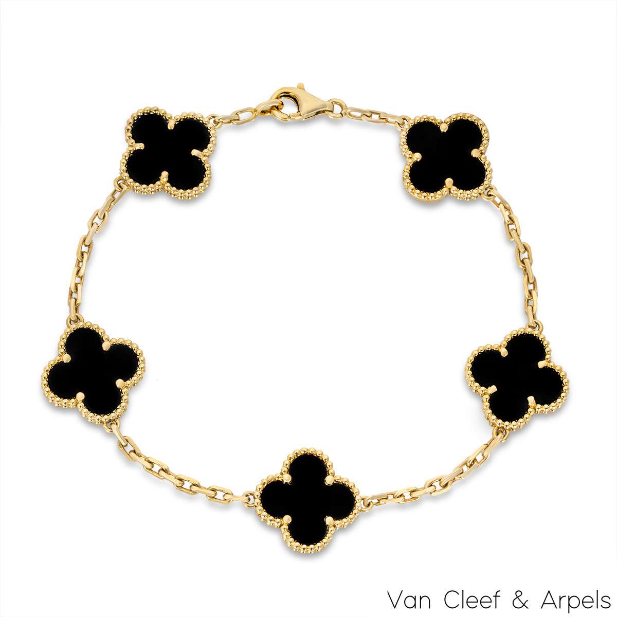 Van Cleef & Arpels Yellow Gold Onyx Vintage Alhambra 5 Motif Bracelet VCARA41300 Van Cleef & Arpels Yellow Gold Onyx Vintage Alhambra 5 Motif Bracelet VCARA41300